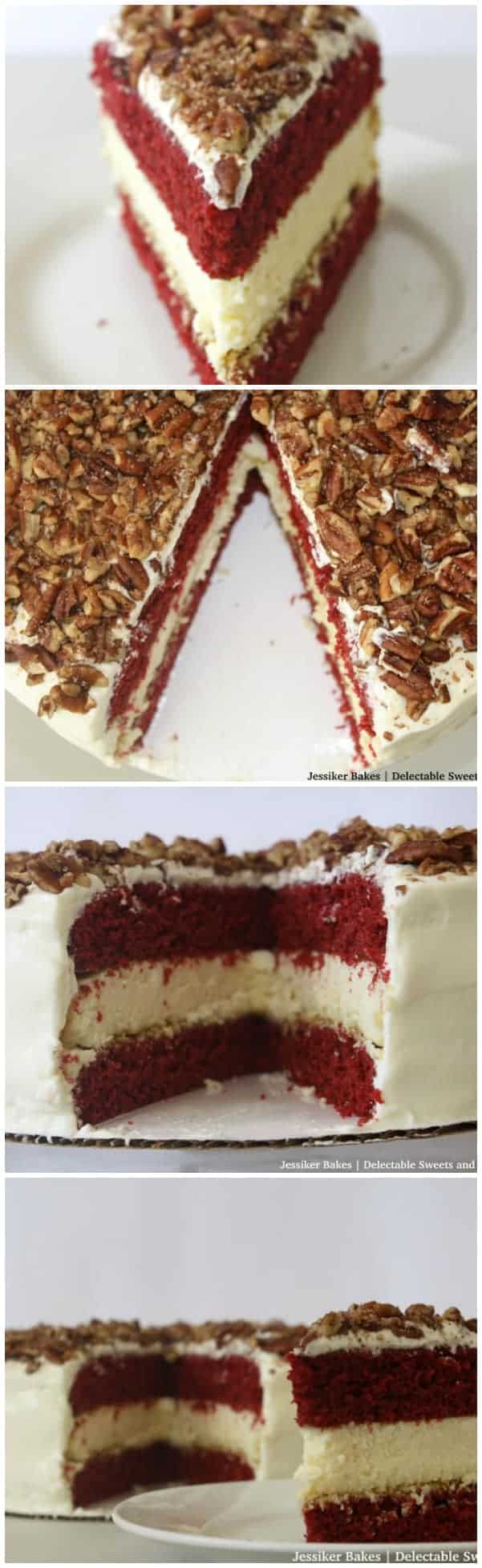 Slice of red velvet cake cheesecake.