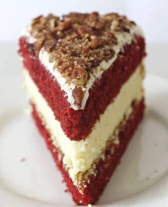 A slice of red velvet cheesecake.