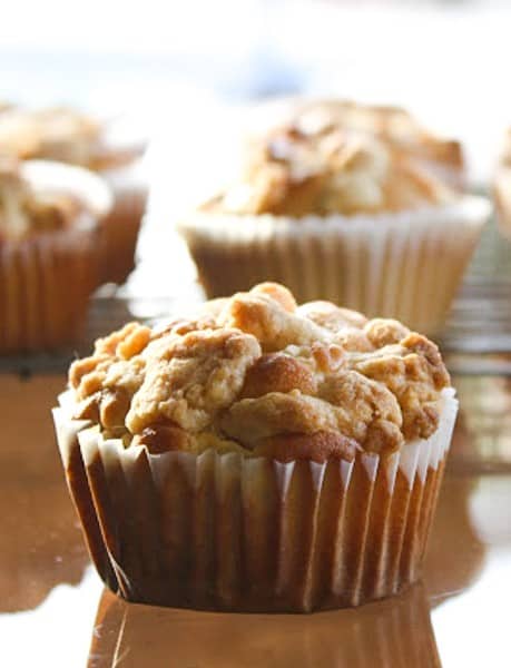 Close up of a muffin on countertop.