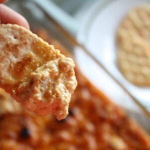 Photo of a cracker in a chicken dip.