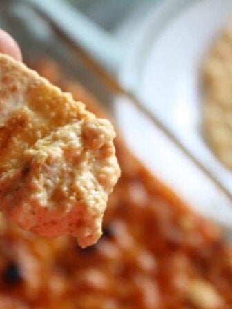 Photo of a cracker in a chicken dip.