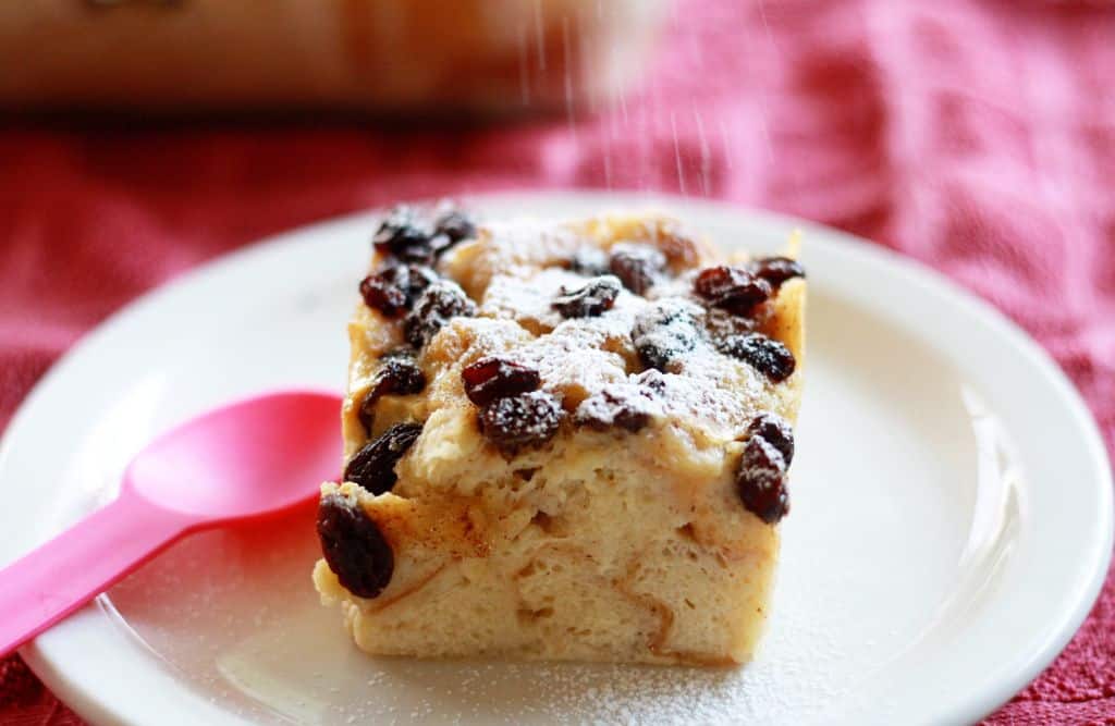 Traditional Bread Pudding dusted with sugar.