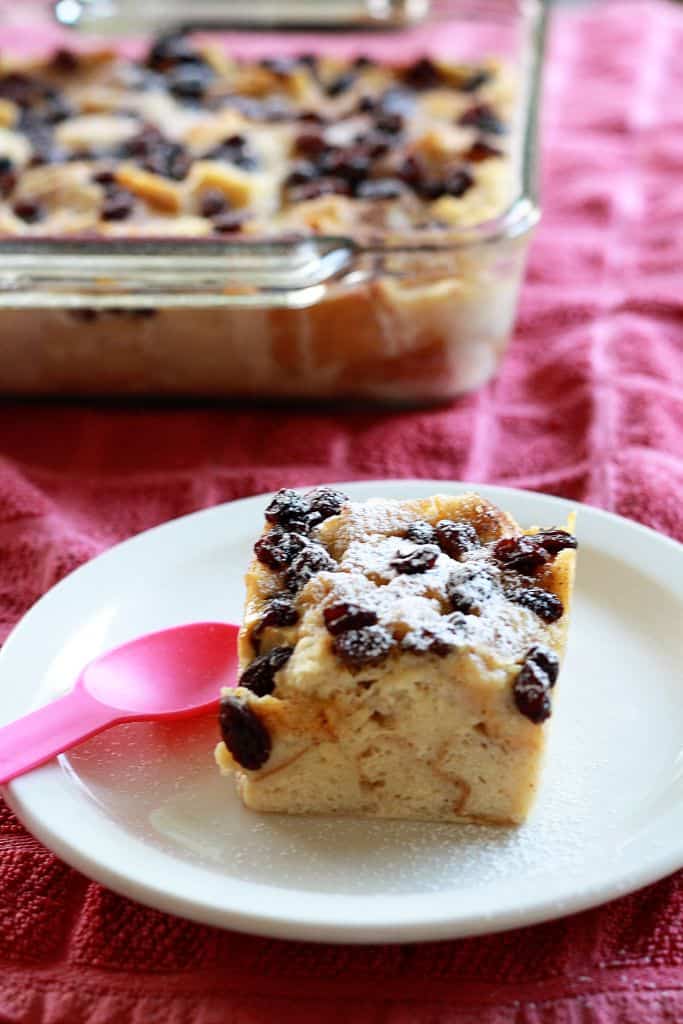 A square of traditional bread pudding.