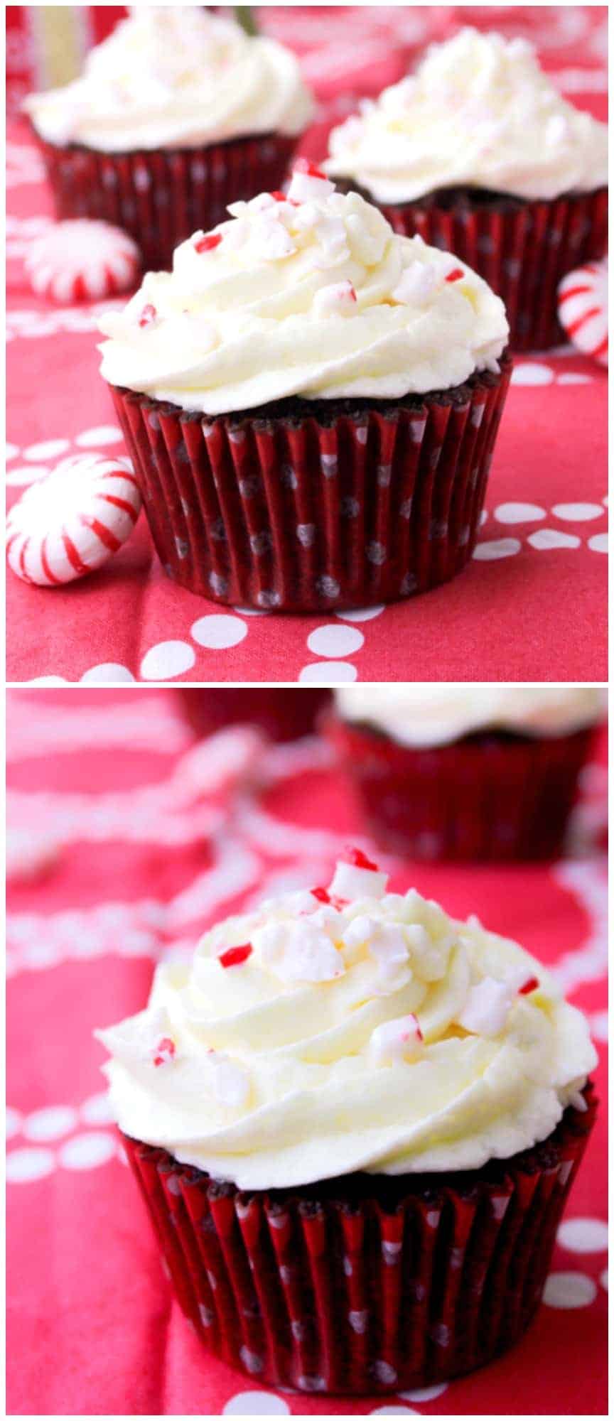 Frosted cupcakes on a red tablecloth.