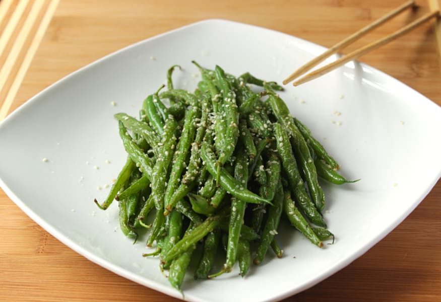 Sesame Stir Fry Green Beans on a white plate.