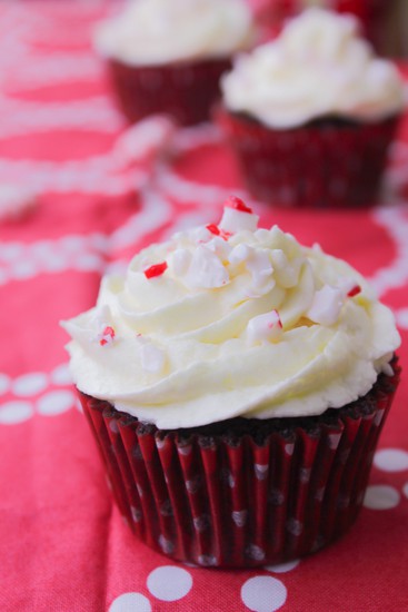 Close up of chocolate peppermint swirl cupcake.