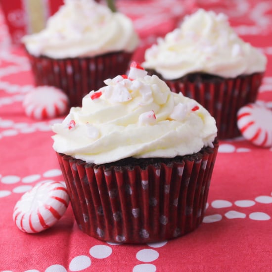 Chocolate Peppermint Swirl Cupcakes on a red tablecloth.