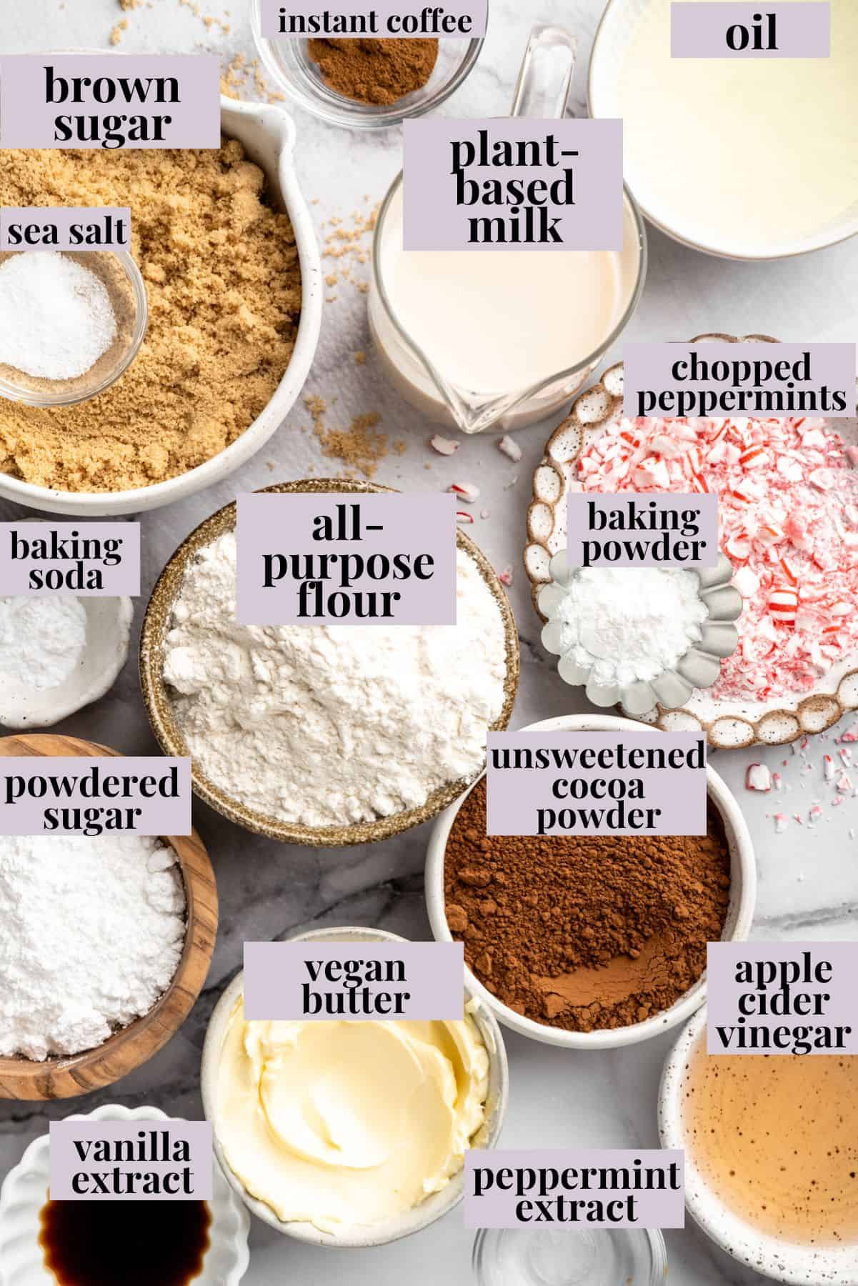 Ingredients for chocolate peppermint swirl cupcakes.