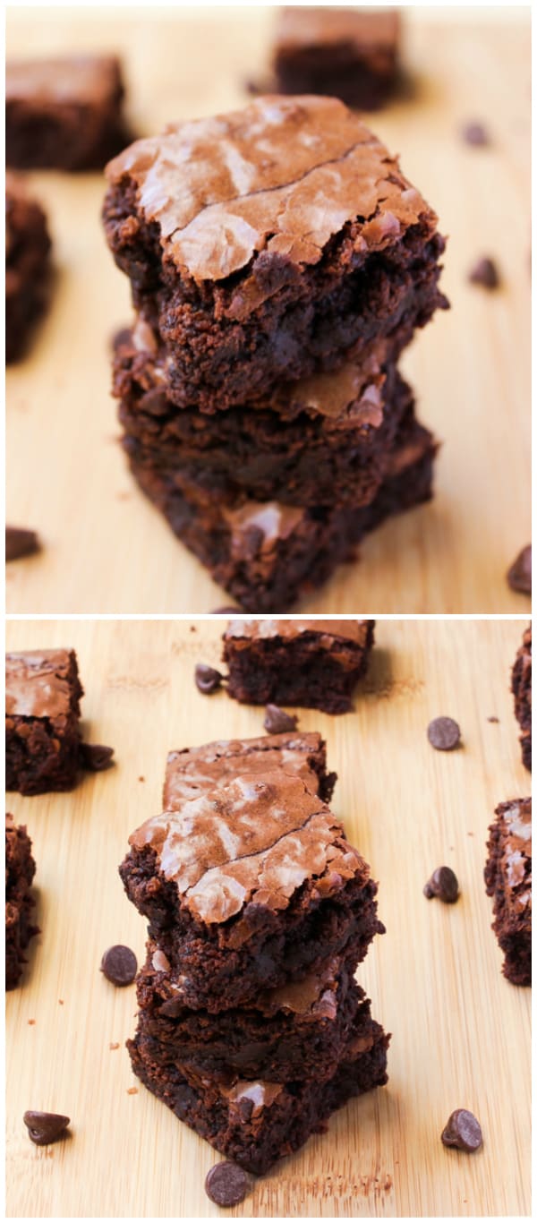 Close up of a stack of fudge brownies. 