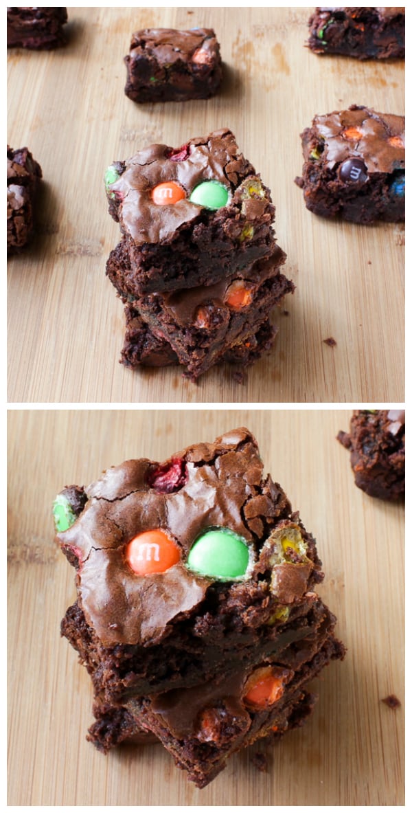 M&M Double Chocolate Brownies on a wooden table.