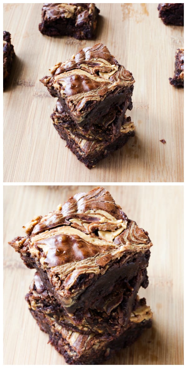 Peanut Butter swirl Brownies on a wooden table.