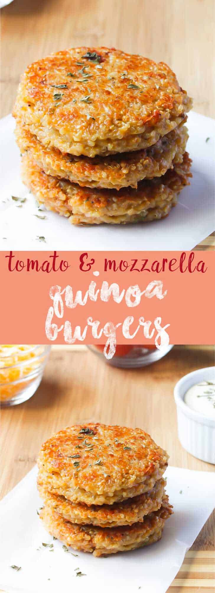 Sun-dried Tomato and Mozzarella Quinoa Burgers. Crazy delicious, veggie burgers that taste full of flavour and are filling and are very easy to make gluten free and vegan! via https://jessicainthekitchen.com
