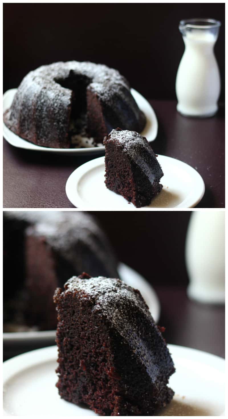 Guinness Chocolate Cake on a white plate.