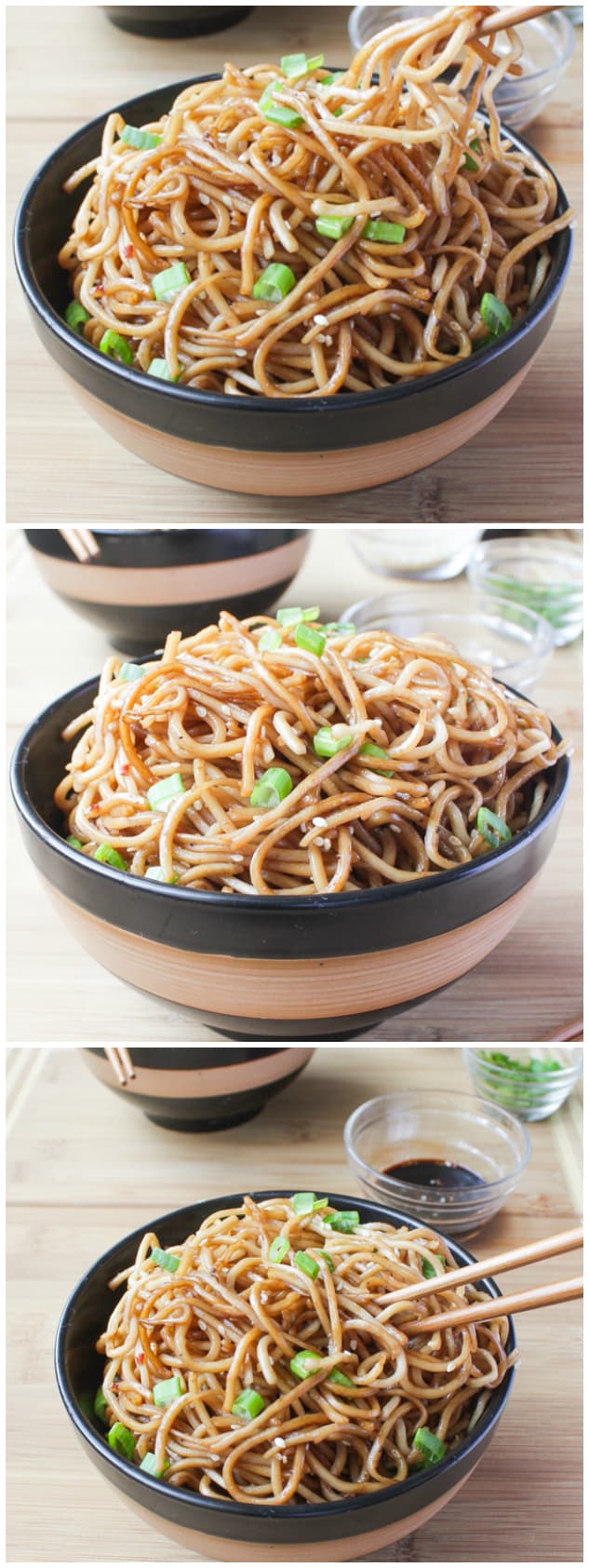 3 different angles of Sesame Noodles with Honey Ginger Sauce in a black and brown bowl.