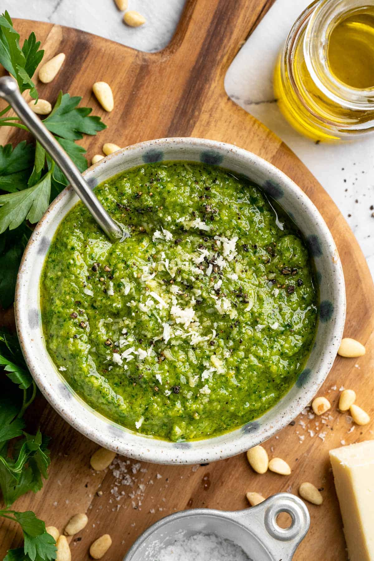 Bowl of homemade parsley pesto.