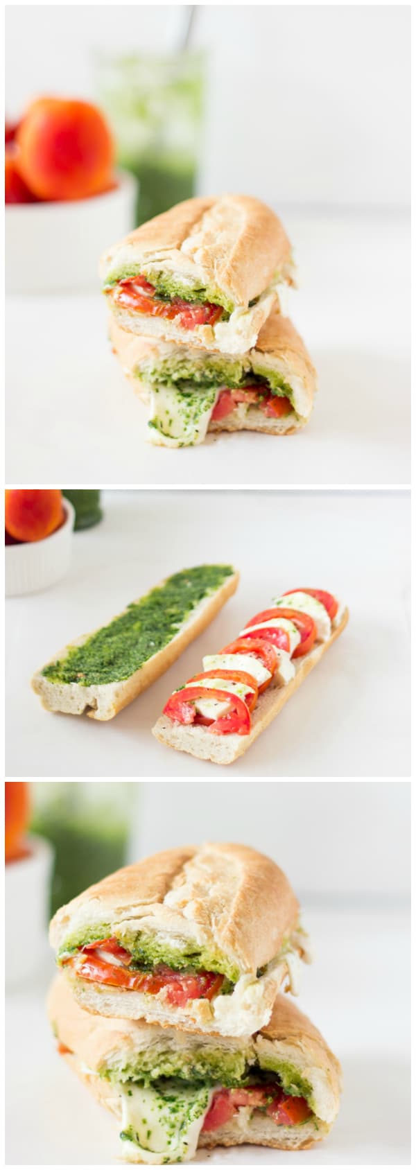 Montage of shots of a sandwich on a white table. 
