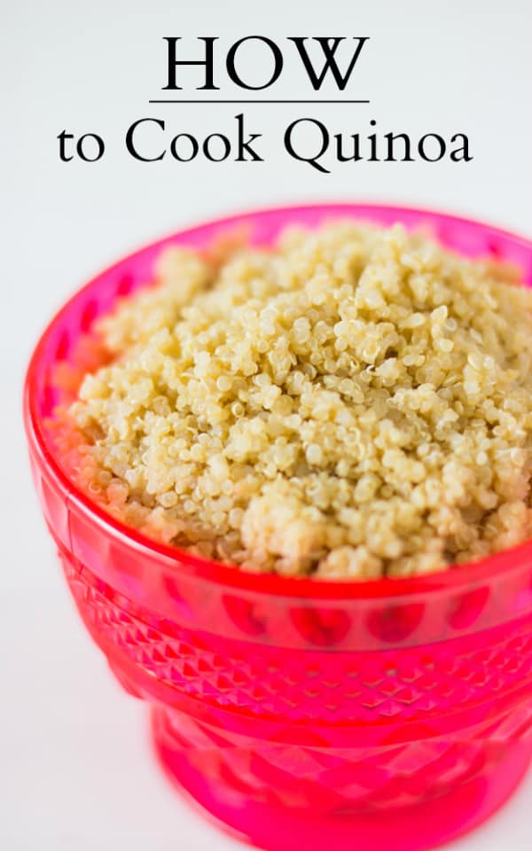 Quinoa in a pink bowl with text over it. 