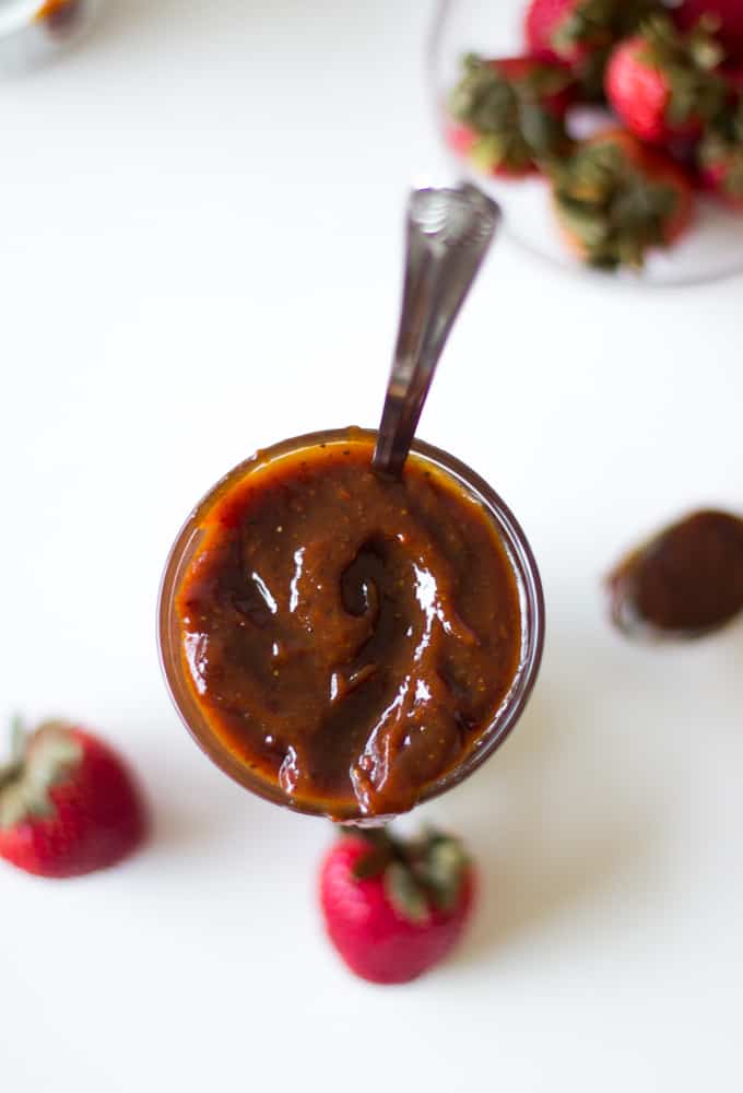 Top down shot of roasted strawberry barbecue sauce.