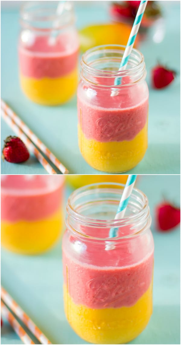 Montage of strawberry mango smoothies on a blue table. 