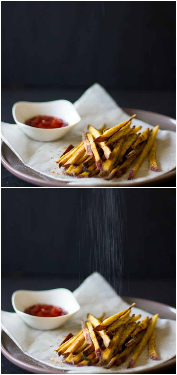 Montage of sweet potato fries with salt being sprinkled on them.