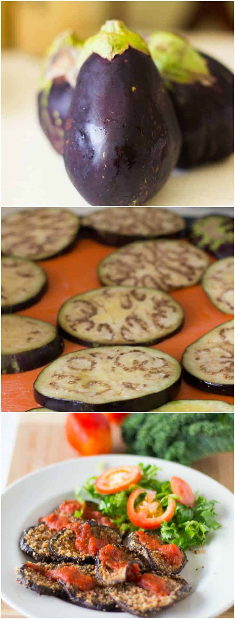 Montage of eggplant being sliced and baked. 