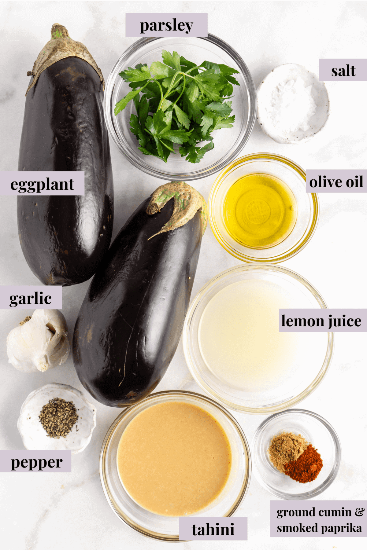 Overhead view of baba ghanoush ingredients