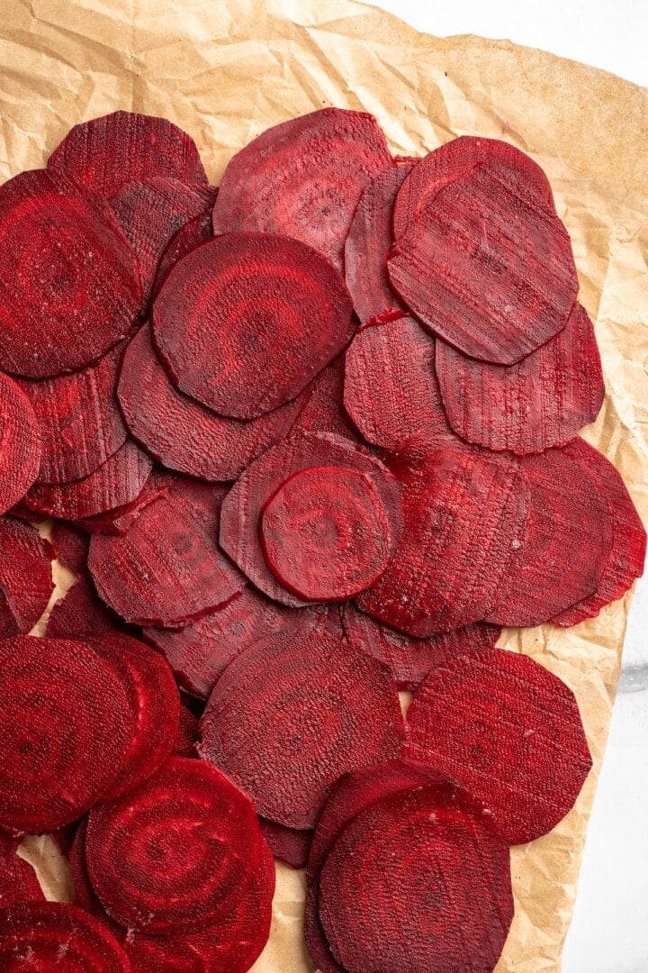 Overhead view of thinly sliced beets