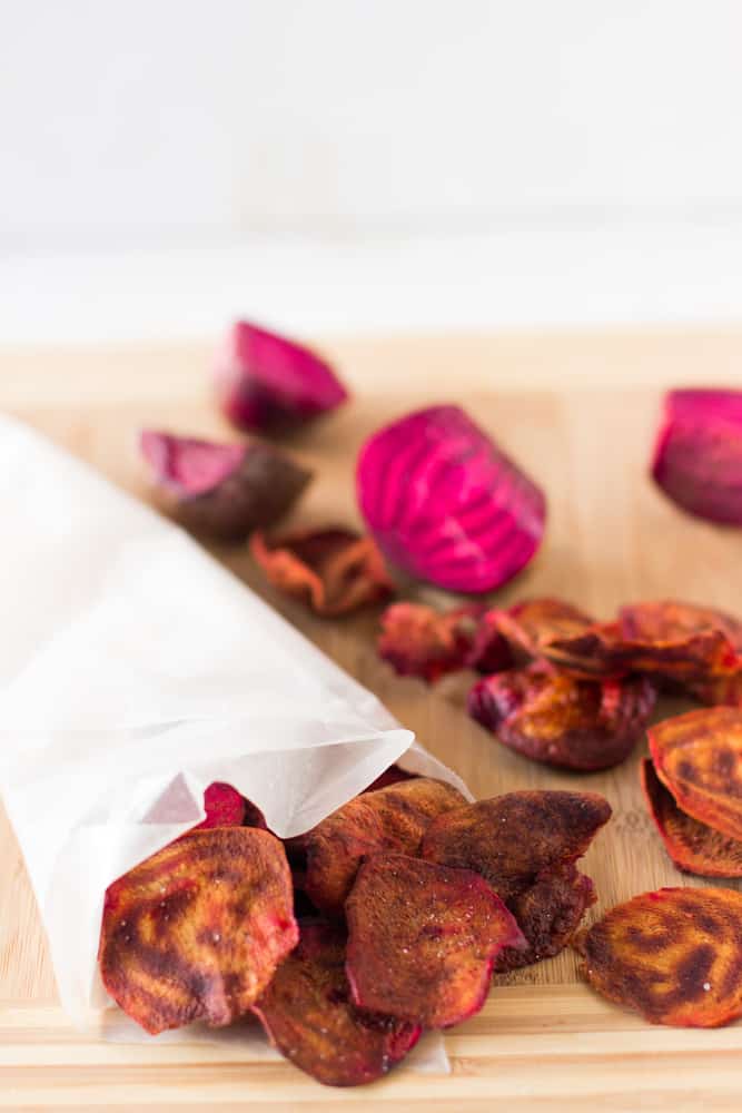 Beet chips wrapped in parchment.