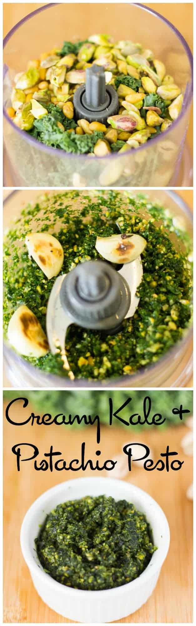 Montage of kale and pistachio in a blender.