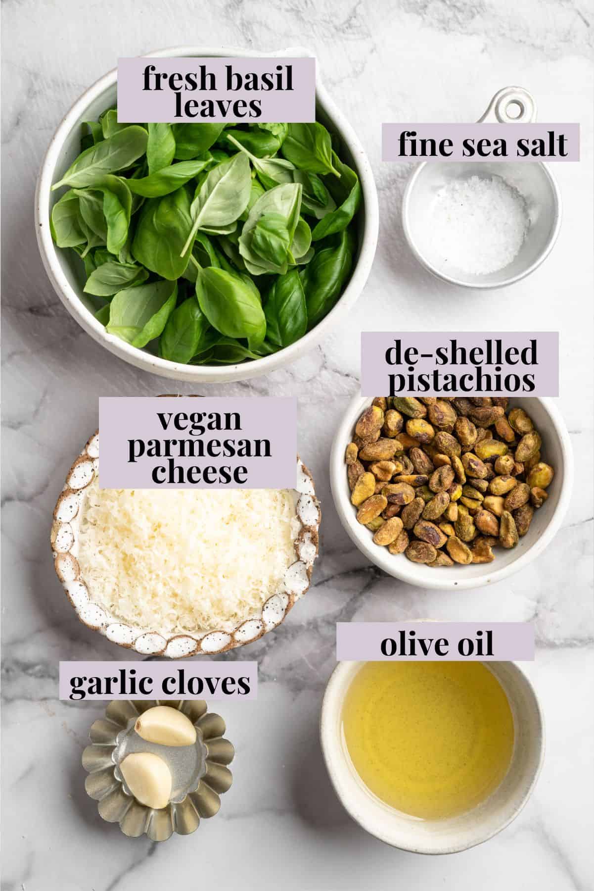Overhead view of pistachio pesto ingredients - 10
