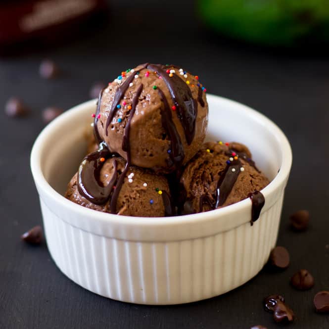 Vegan chocolate ice-cream in a small white bowl.