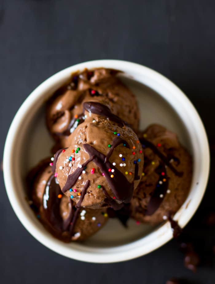 Vegan chocolate ice creams scoops in a white bowl.