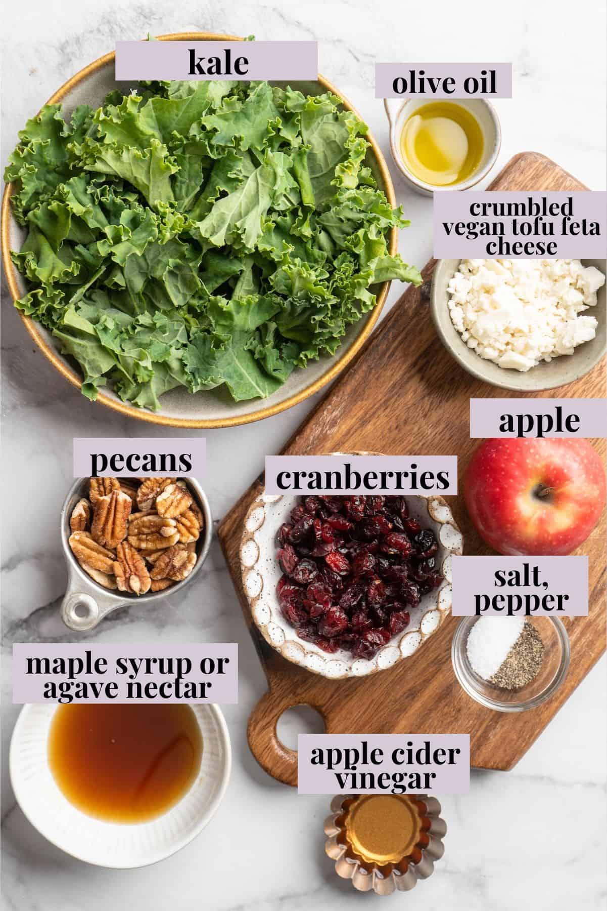 Overhead view of ingredients for apple, pecan, and vegan feta salad