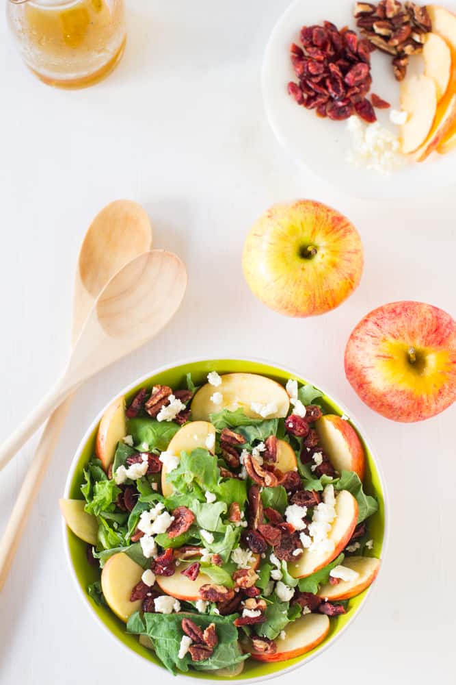 Overhead shot of apple pecan and feta salad.