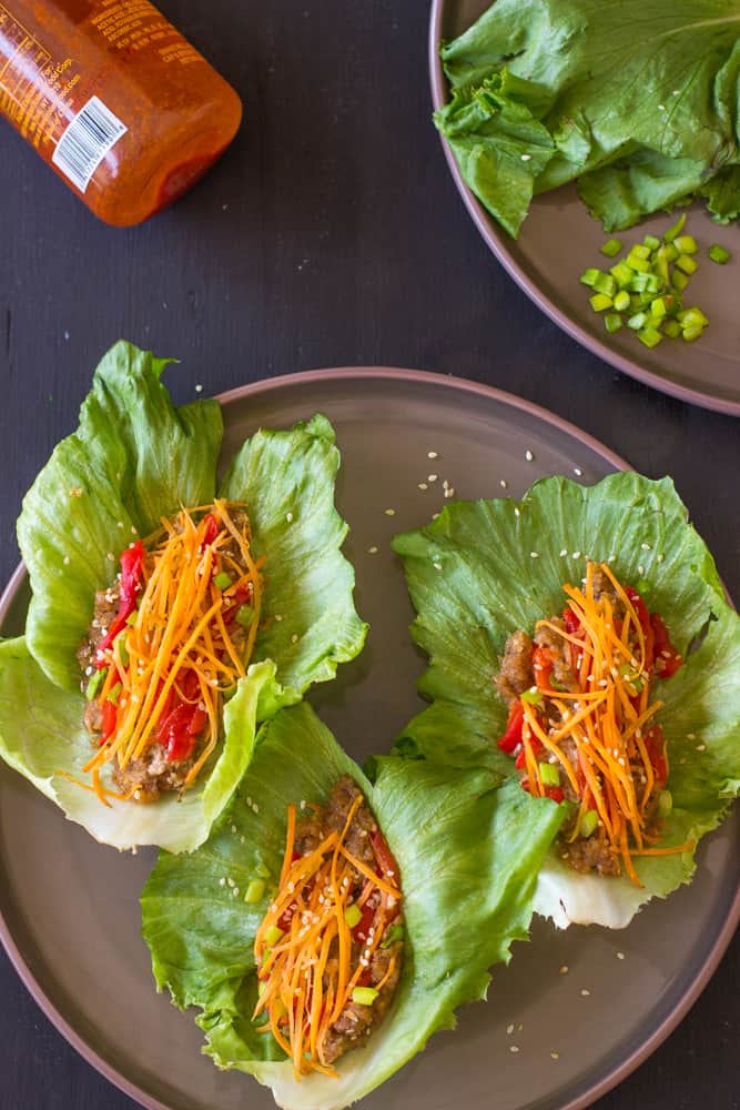 Top down shot of vegan asian lettuce wraps on a grey plate.