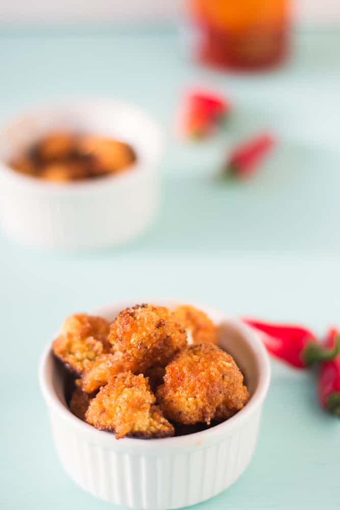 Cauliflower bites in a white ramekin. 