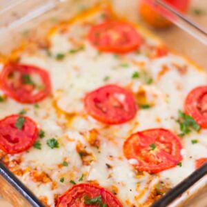 Cheesy casserole in a glass dish.