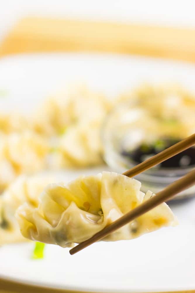 Chopsticks holding up a vegan dumpling. 