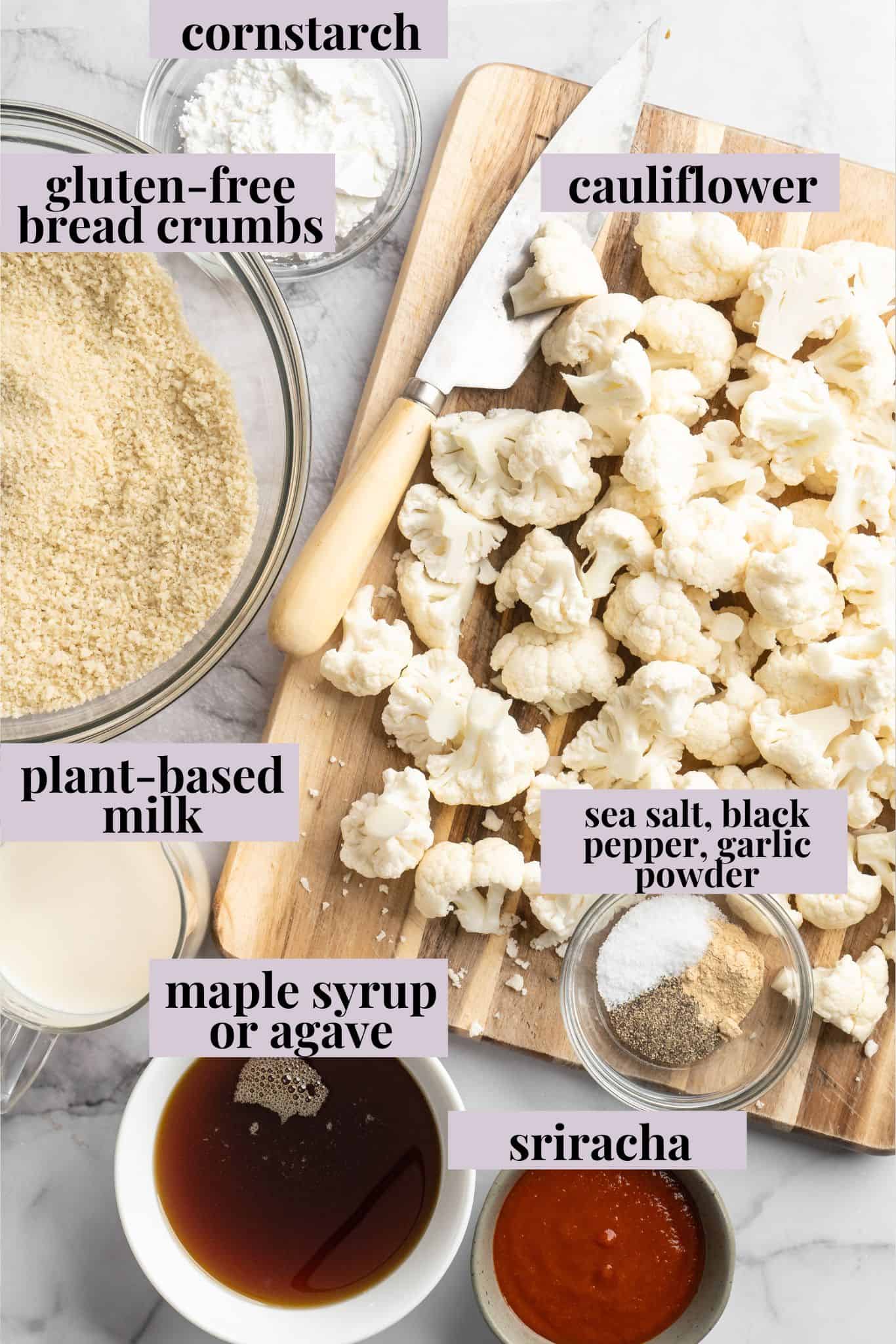 These Cauliflower Bites are crispy, crunchy and full of big flavour thanks to an irresistible sweet sriracha sauce. A total crowd pleaser! Overhead view of ingredients for cauliflower bites