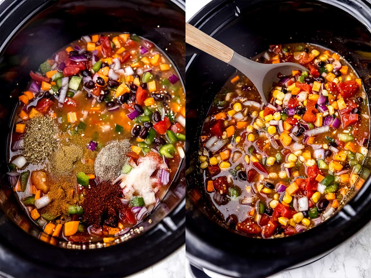 step by step shots showing the making of vegan chili