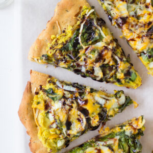 Overhead shot of sweet potato and kale pizza.