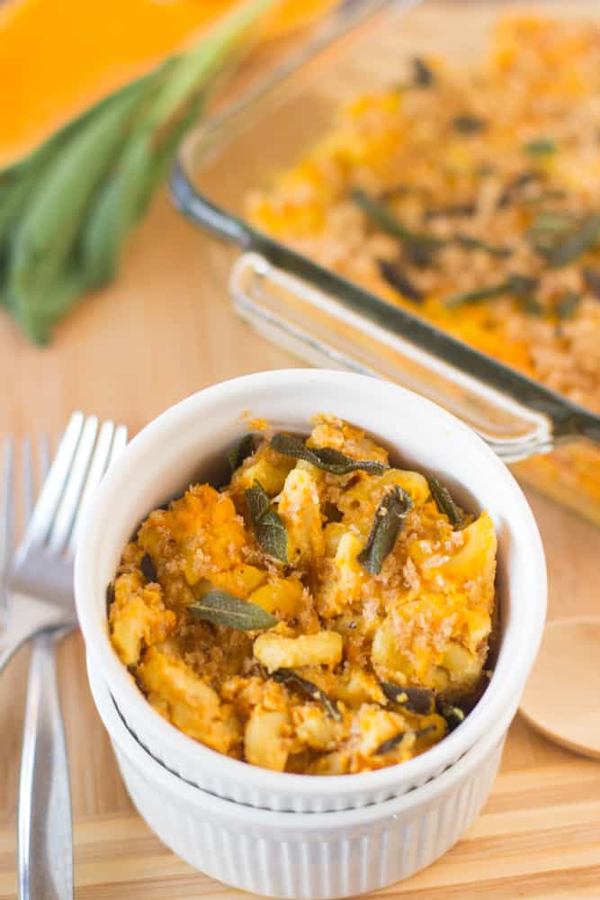 Vegan butternut squash mac and cheese in a white ramekin.