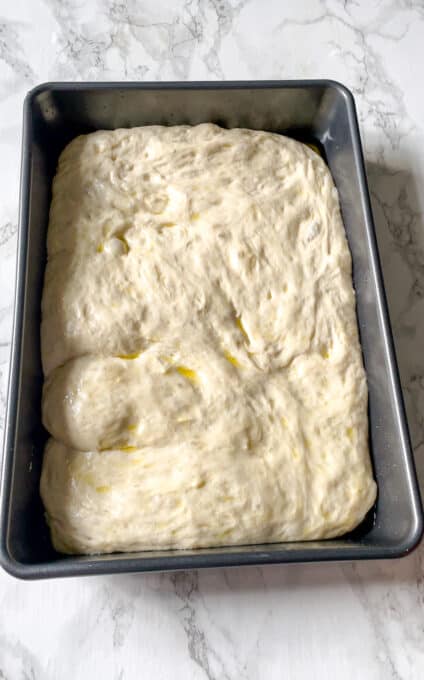 risen bread in a baking pan