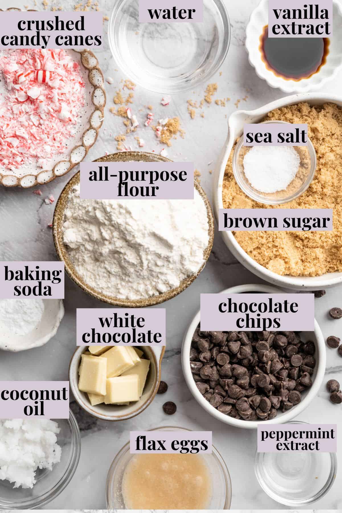 Ingredients for peppermint chocolate brownies with white chocolate topping.