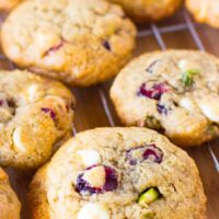 Top down shot of cookies on wire rack.