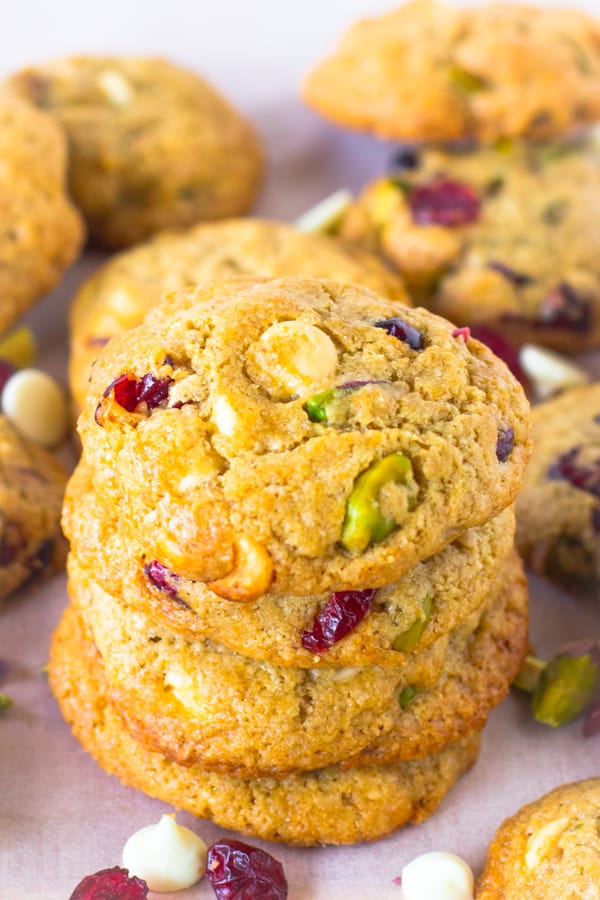 A stack of chocolate cranberry pistachio cookies.
