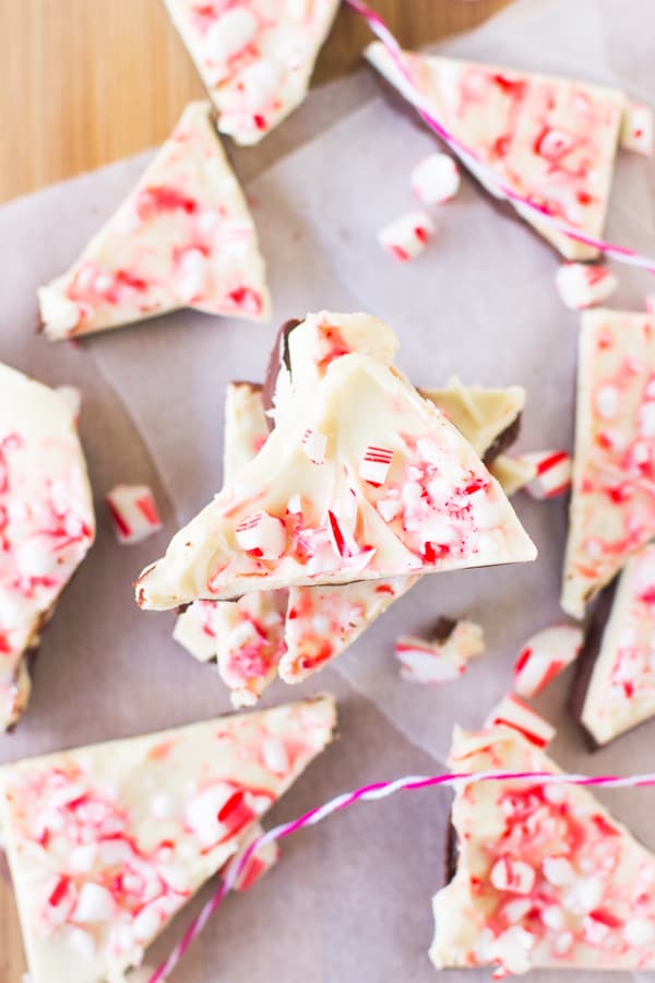 Overhead shot of chocolate bark on parchment. 