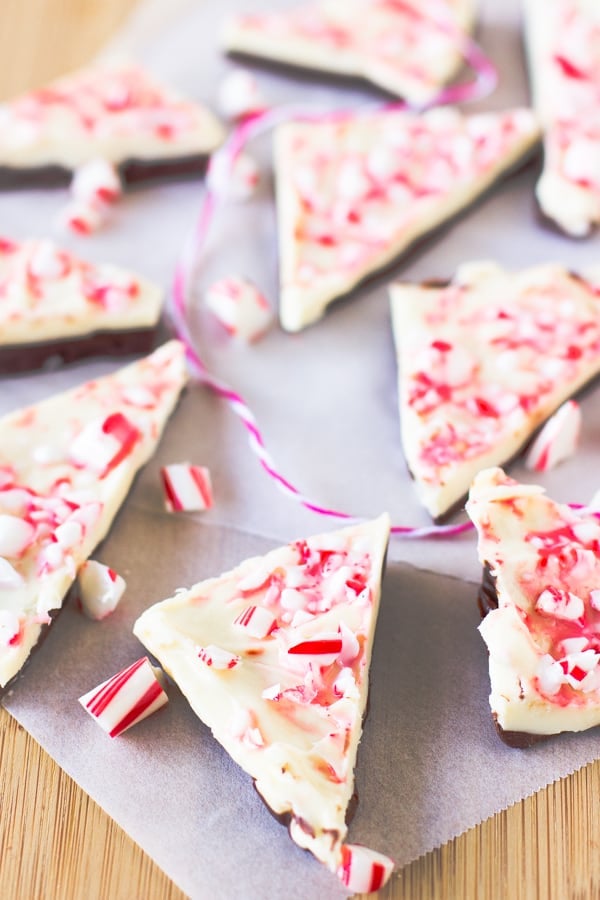 Top down shot of chocolate peppermint bark on parchment paper. 
