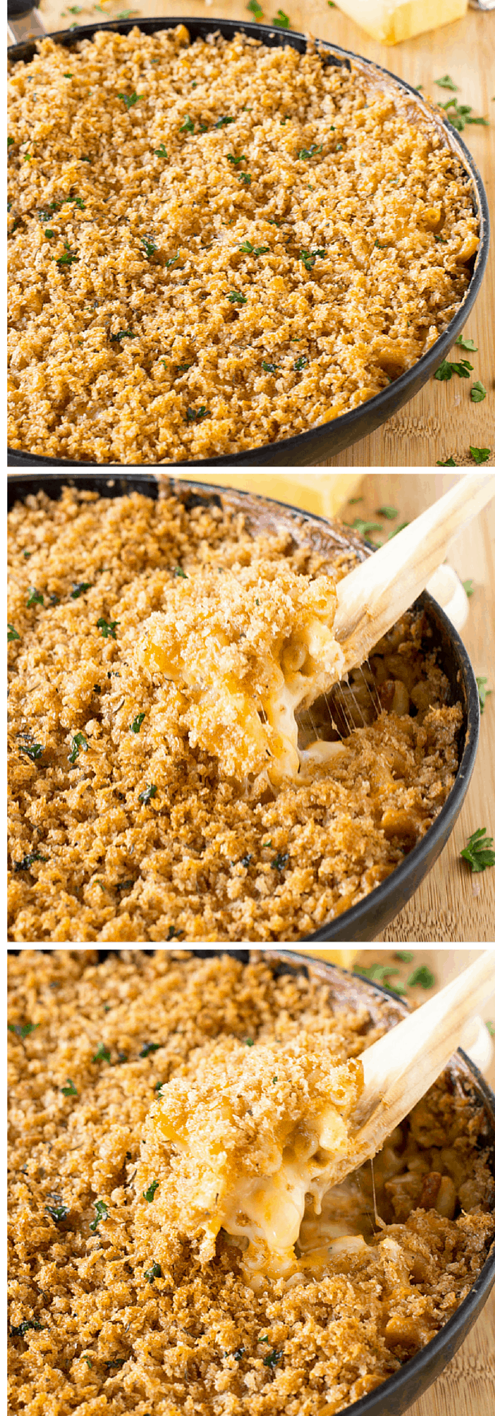 Montage of mac and cheese in skillets with wood spoons.