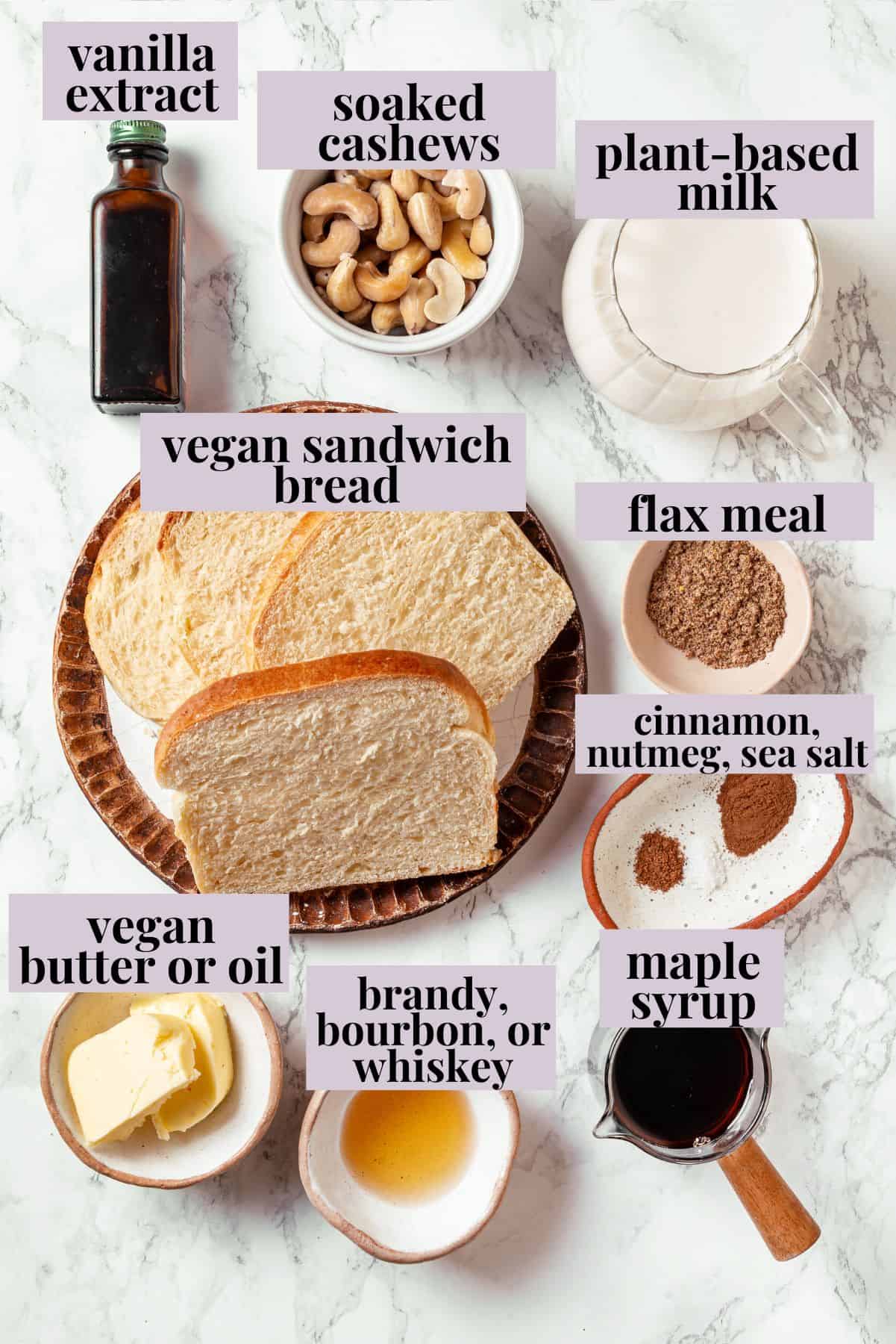 Overhead view of ingredients for eggnog French toast.